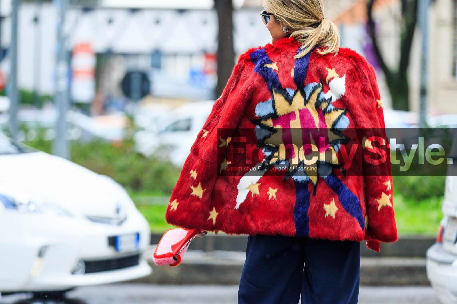 atmosphere details, AUTUMN WINTER 2016-2017, AW 16-17, back detail, blue pants, detail, drawings, embroidered jacket, FALL WINTER 2016-2017, fashion week, fendi, frenchystyle, fur bag, fur jacket, FW, FW 16-17, horizontal, jonathan paciullo, LFW, LONDON, MENSWEAR, mini bag, navy pants, printed jacket, red fur, red jacket, stars, street style, sunglasses, thassia naves, trousers