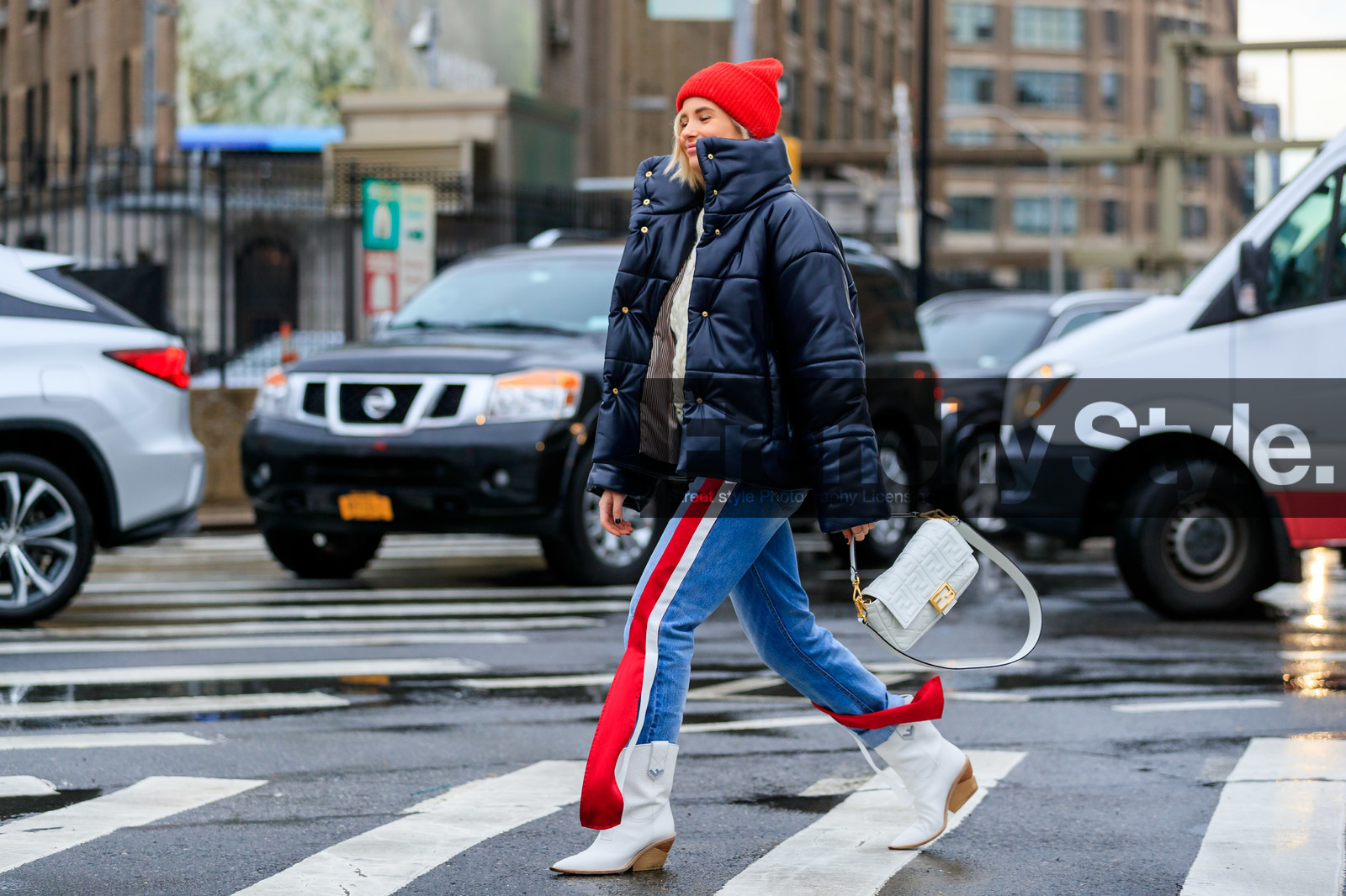 black jacket, blue denim, denim pants, down jacket, fendi, graphic pants, high heels, jeans, leather bag, leather jacket, leather shoes, monogram, printed pants, red beanie, trousers, white bag, white boots, xenia adonts, street style, jonathan paciullo, frenchystyle, NYFW, NEW YORK, AUTUMN WINTER 2019-2020, AW 19-20, FALL WINTER 2019-2020, FW 19-20, fashion week, FW, atmosphere details, horizontal, full length