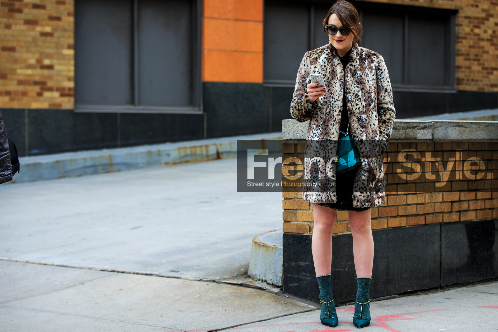 animal print, atmosphere details, AUTUMN WINTER 2016-2017, AW 16-17, black dress, blue bag, ella catliff, fashion week, frenchystyle, full length, fur coat, FW, FW 16-17, green heels, green shoes, green socks, horizontal, jonathan paciullo, lace dress, leather bag, leopard print, NEW YORK, NYFW, shiny socks, street style, suede shoes, sunglasses, woman