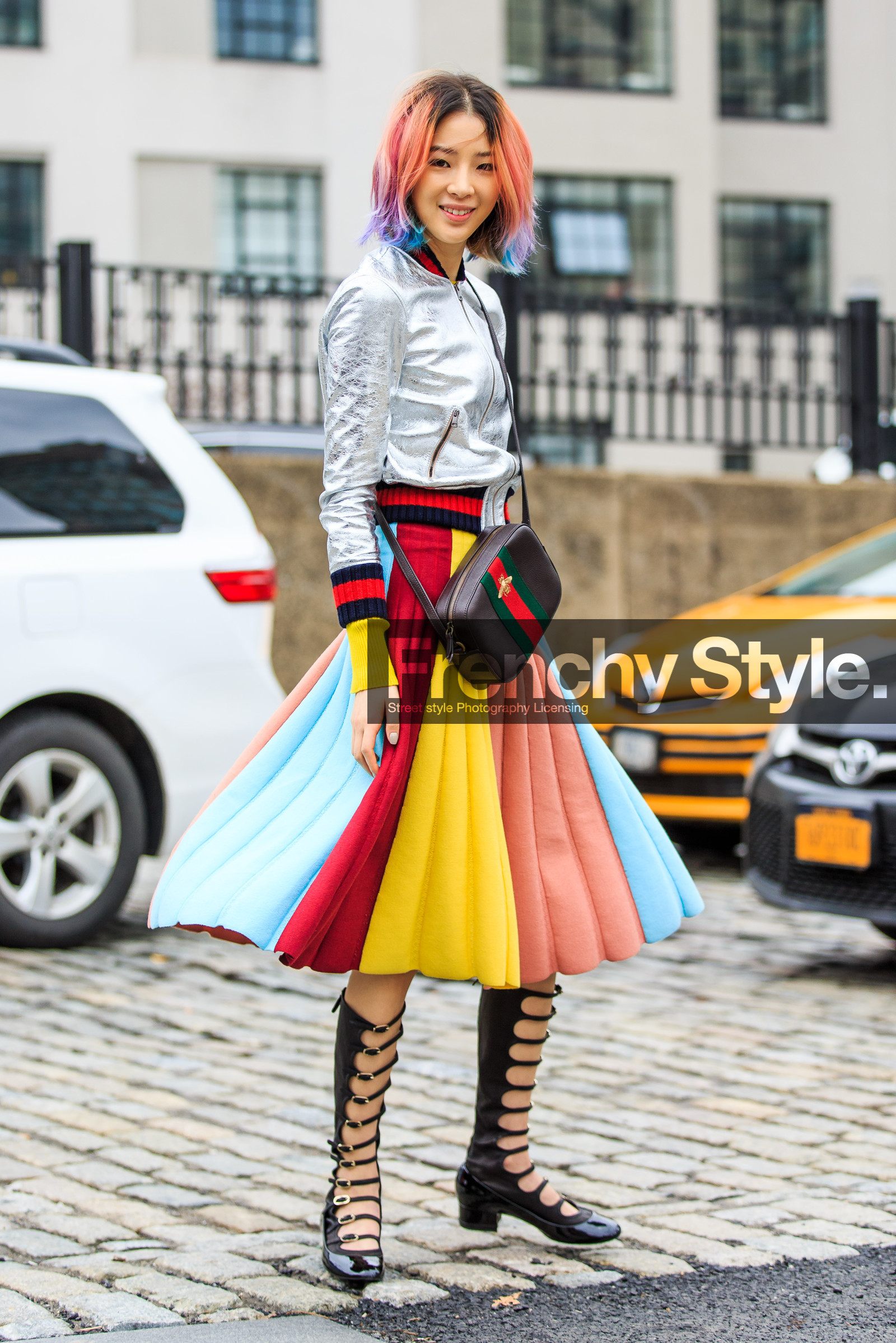 AUTUMN WINTER 2016-2017, AW 16-17, black, black shoes, brown, brown bag, dyed hair, fashion week, frenchystyle, full length, FW, FW 16-17, gladiator sandals, graphic skirt, gucci, high boots, irene kim, jonathan paciullo, leather bag, leather jacket, leather shoes, multicolor, NEW YORK, NYFW, pink, red, silver, silver jacket, street style, striped skirt, teddy jacket, turquoise, vertical, woman, yellow