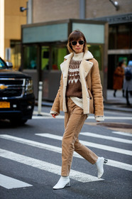 anya ziourova, camel suede coat, white coat, fur coat, beige suede coat, beige pants, velvet pants, brown pullover, jacquard pullover, white leather boots, turtleneck pullover, aviator sunglasses, metalic frame sunglasses, fashion week, frenchystyle, FW, jonathan paciullo, street style, NYFW, NEW YORK, AUTUMN WINTER 2020-2021, FALL WINTER 2020-2021, FW 20-21, vertical, full length