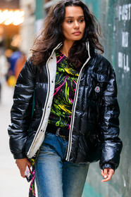 black coat, down jacket, moncler coat, neon green top, pink top, black top, printed top, blue jeans, fashion week, frenchystyle, FW, jonathan paciullo, street style, FALL WINTER 2020-2021, AUTUMN WINTER 2020-2021, FW 20-21, vertical, atmosphere details, detail, NYFW, NEW YORK
