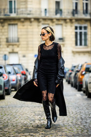 black sunglasses, marine serre jumpsuit, black jumpsuit, black coat, leather coat, leather boots, pattent boots, strass earrings, alexandra guerain, street style, jonathan paciullo, FW, frenchystyle, fashion week, AUTUMN WINTER 2022-2023, FALL WINTER 2022_2023, FW 22-23, PFW, PARIS, full length, vertical