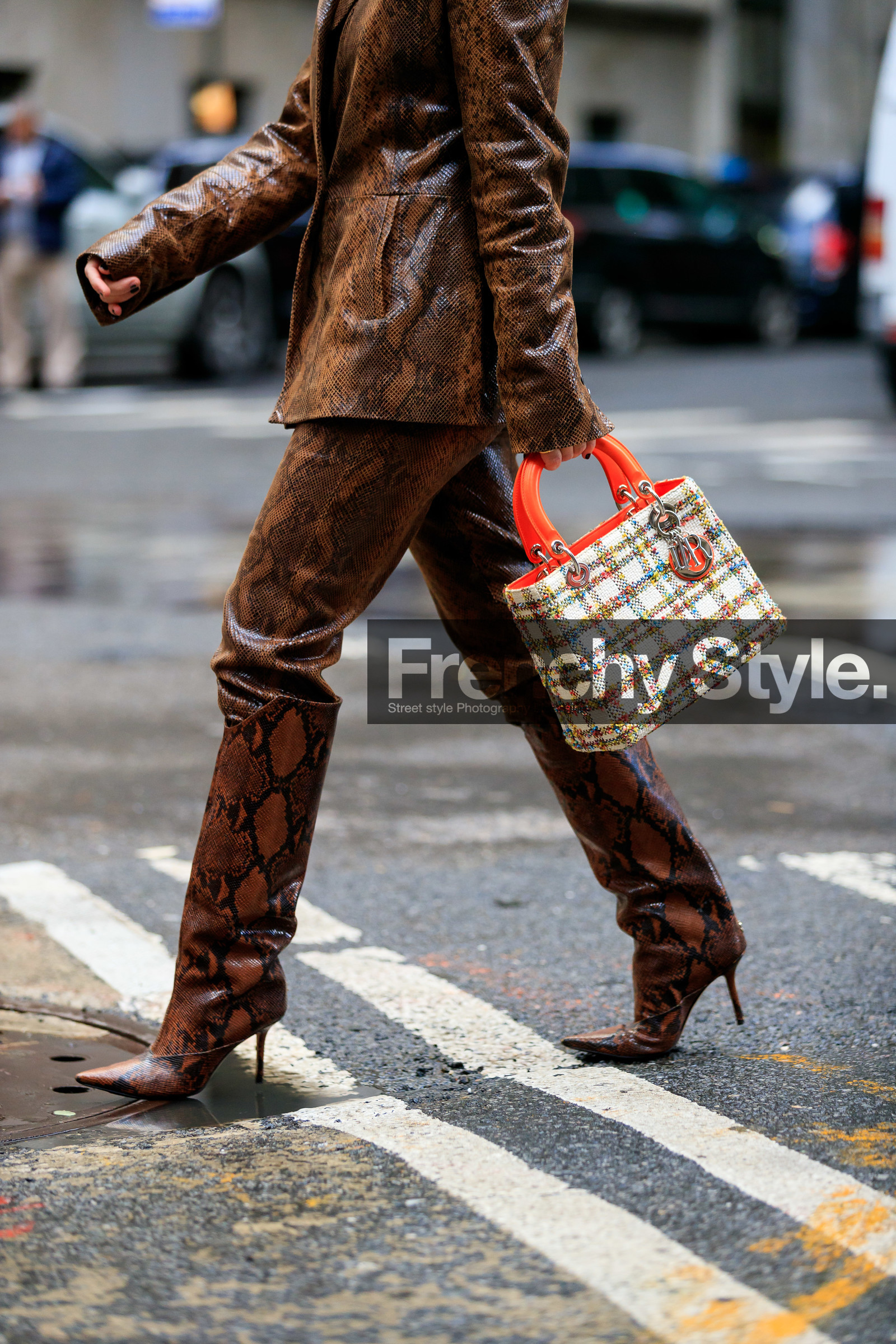 brown leather jacket, brown leather pants, brown leather boots, animal skin boots, animal skin jacket, animal skin pants, high boots, high heels boots, dior bag, lady dior bag, tweed bag, checked bag, orange leather bag, white bag, multicolor bag, fashion week, frenchystyle, FW, jonathan paciullo, street style, AUTUMN WINTER 2020-2021, FALL WINTER 2020-2021, FW 20-21, vertical, atmosphere details, detail, NYFW, NEW YORK