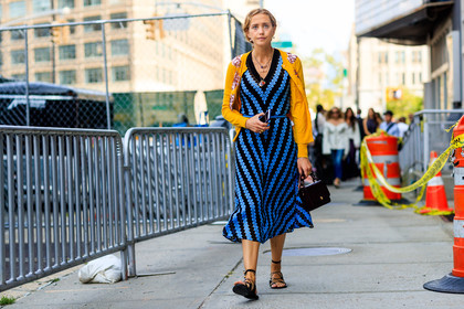 atmosphere details, black bag, black shoes, blue dress, embroidered dress, embroidered sweater, fashion week, frenchystyle, full length, FW, glitter, graphic dress, horizontal, iphone, jonathan paciullo, knit dress, leather bag, leather shoes, necklace, NEW YORK, NYFW, sequined, shiny sweater, SPRING SUMMER 2018, SS 18, street style, yellow sweater