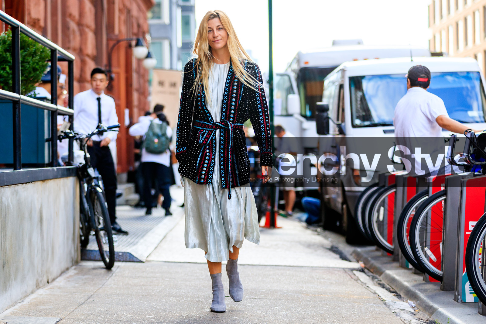 ada kokosar, atmosphere details, black jacket, embroidered jacket, embroideries, fashion week, frenchystyle, full length, FW, grey boots, horizontal, jonathan paciullo, long dress, NEW YORK, NYFW, SPRING SUMMER 2018, SS 18, street style, white dress