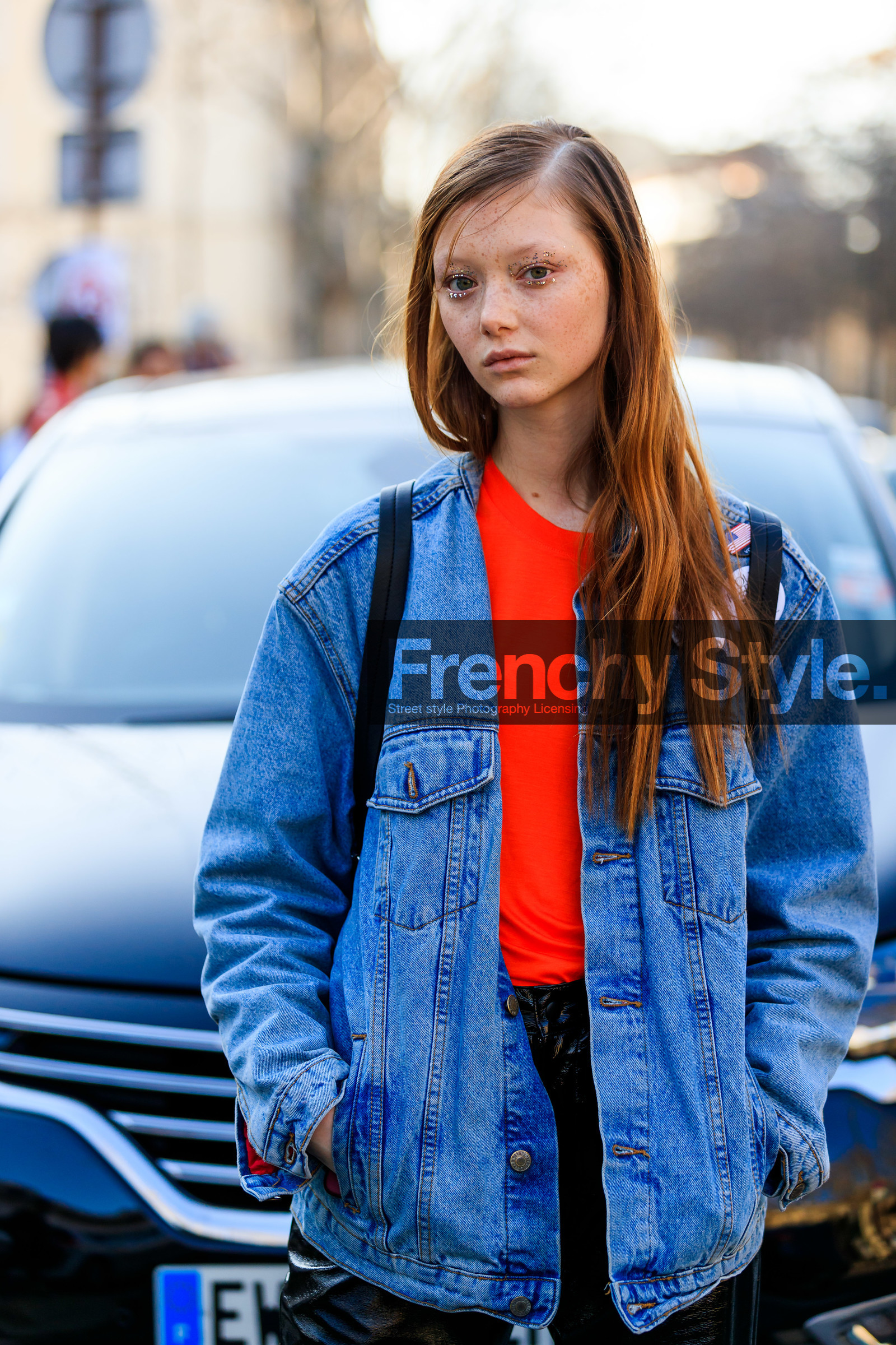 black pants, blue denim, denim jacket, leather pants, model, red sweater, trousers, PARIS, PFW, street style, jonathan paciullo, FW, frenchystyle, fashion week, AUTUMN WINTER 2019-2020, AW 19-20, FALL WINTER 2019-2020, FW 19-20, vertical, atmosphere details, detail
