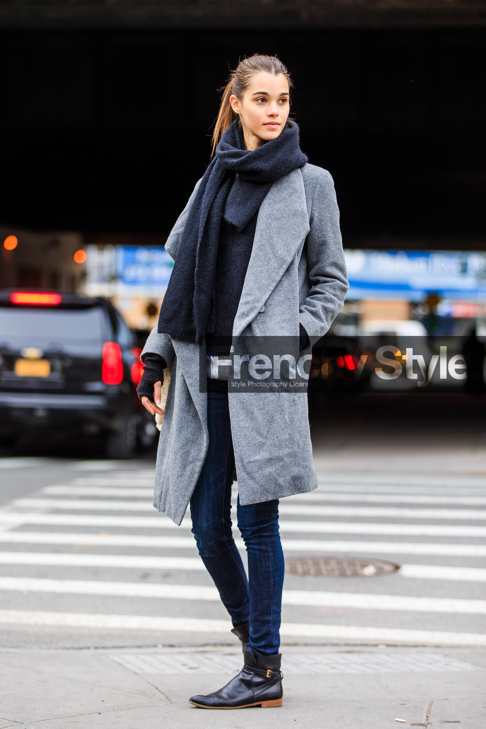 AUTUMN WINTER 2016-2017, AW 16-17, black boots, black scarf, blue denim, denim pants, fashion week, frenchystyle, full length, FW, FW 16-17, grey coat, jeans, jonathan paciullo, leather boots, model, NEW YORK, NYFW, pauline hoarau, street style, trousers, vertical, woman