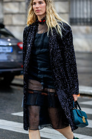 veronika heilbrunner, green leather bag, animal skin bag, hand bag, black coat, black dress, miu miu dress, sheer dress, high collar dress, sequins coat, mid long dress, PARIS, PFW, SPRING SUMMER 2020, SS 20, fashion week, frenchystyle, FW, jonathan paciullo, street style, vertical, atmosphere details, detail