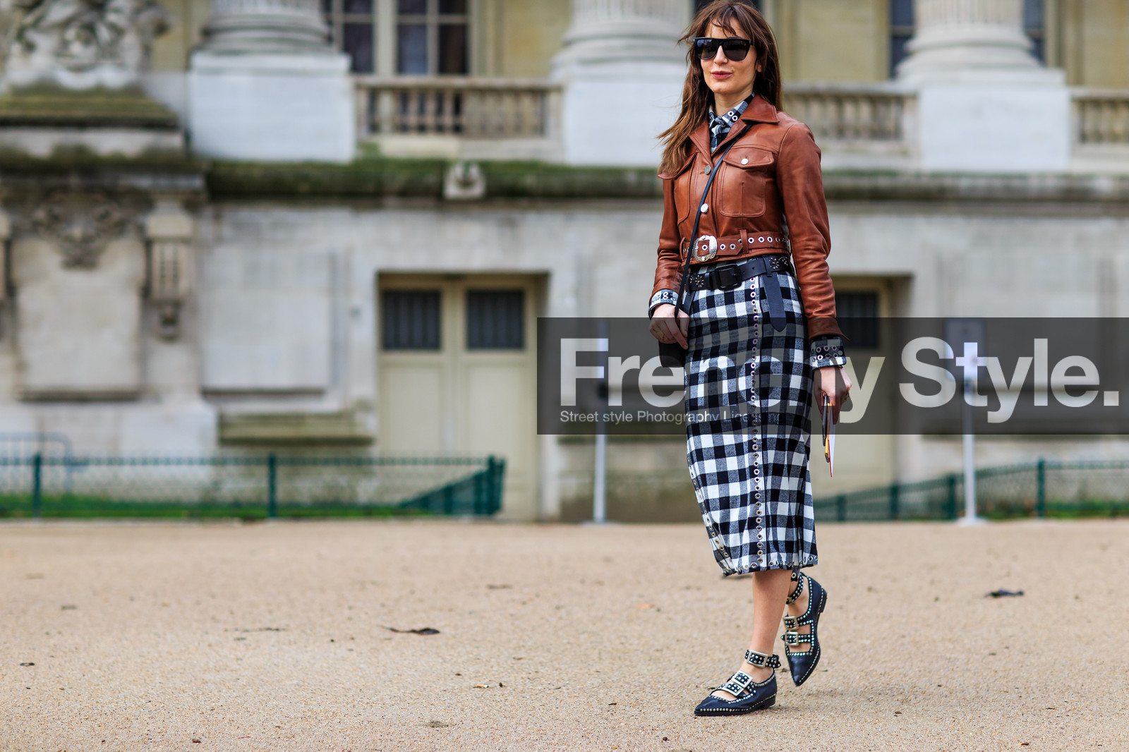 atmosphere details, AUTUMN WINTER 2016-2017, AW 16-17, black bag, black belt, black shoes, brown jacket, checked dress, ece sukan, FALL WINTER 2016-2017, fashion week, frenchystyle, full length, FW, FW 16-17, gingham, graphic dress, horizontal, jonathan paciullo, leather bag, leather belt, leather jacket, leather perfecto, leather shoes, PARIS, PFW, plaid, printed dress, street style, studs, sunglasses
