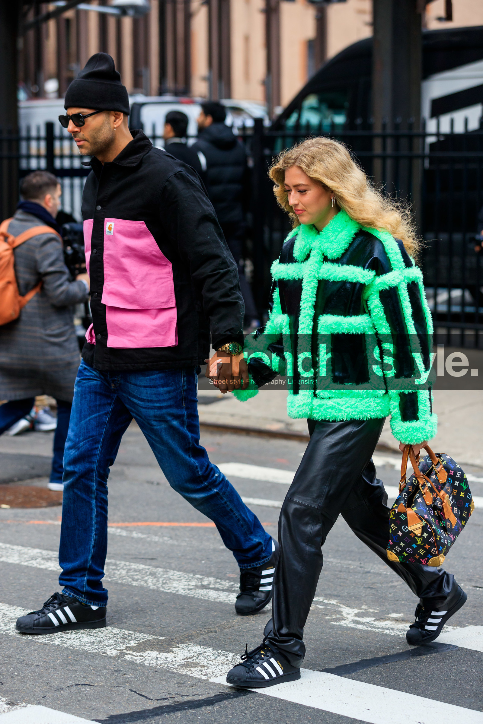 emili sindlev, fur coat, black leather coat, black leather pants, black leather bag, black sneackers, vinyl coat, neon green coat, adidas sneakers, superstar sneakers, louis vuitton bag, week end bag, multicolor bag, monogrammed bag, bowling bag, fashion week, frenchystyle, FW, jonathan paciullo, street style, FALL WINTER 2020-2021, AUTUMN WINTER 2020-2021, FW 20-21, vertical, full length, NYFW, NEW YORK