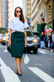 balenciaga, blue shoes, evangelie smyrniotaki, fashion week, frenchystyle, full length, FW, green skirt, high heels, jonathan paciullo, leather bag, leather shoes, NEW YORK, NYFW, polka dot, printed shoes, SPRING SUMMER 2018, SS 18, street style, sunglasses, vertical, white bag, white t shirt
