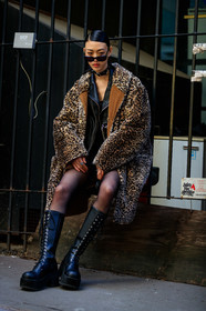 model, sora choi, leopard printed coat, fur coat, black leather jacket, black leather dress, black leather boots, high boots, flat boots, laced boots, black tights, black leather chocker, studs chocker, beige coat, fashion week, frenchystyle, FW, jonathan paciullo, street style, NYFW, NEW YORK, AUTUMN WINTER 2020-2021, FALL WINTER 2020-2021, FW 20-21, vertical, full length