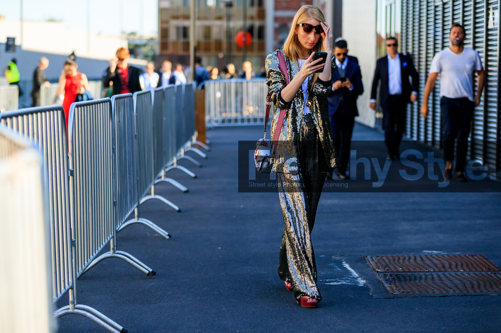 atmosphere details, fashion week, frenchystyle, full length, FW, glitter, graphic bag, horizontal, jonathan paciullo, leather bag, MFW, MILAN, printed bag, red shoes, sequined jacket, sequined pants, SPRING SUMMER 2018, SS 18, street style, sunglasses, trousers