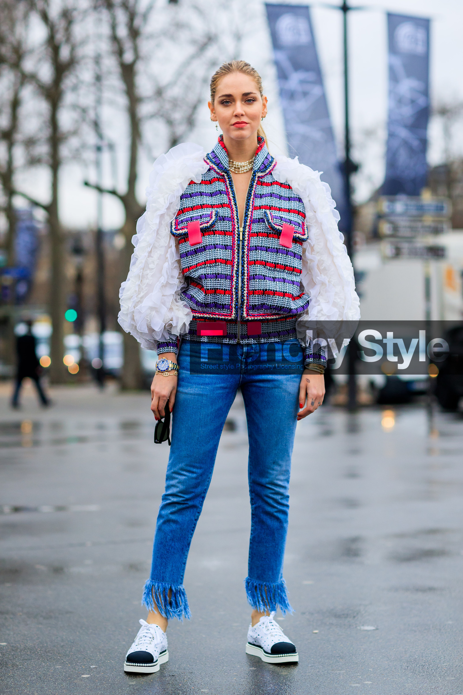 AUTUMN WINTER 2017-2018, AW 17-18, black and white loafers, black and white shoes, blue denim, chanel, checked jacket, chiara ferragni, denim pants, FALL WINTER 2017-2018, fashion week, frenchystyle, full length, FW, FW 17-18, graphic jacket, jeans, jonathan paciullo, leather shoes, necklace, PARIS, pearls, PFW, plaid, printed jacket, ruffles, street style, tartan, trousers, tweed jacket, vertical