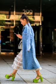 blue denim, denim coat, fashion week, frenchystyle, full length, FW, green shoes, high heels, jonathan paciullo, lace dress, leather shoes, marta pozan, NEW YORK, NYFW, over the shoulder, SPRING SUMMER 2018, SS 18, street style, vertical, white dress