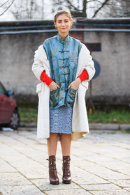 AUTUMN WINTER 2016-2017, AW 16-17, blue jacket, blue skirt, brown boots, chinese print, FALL WINTER 2016-2017, fashion week, frenchystyle, full length, FW, FW 16-17, high heels, jenny walton, jonathan paciullo, lace skirt, lace up shoes, leather boots, LFW, LONDON, MENSWEAR, off the shoulder, satin, street style, vertical, white coat