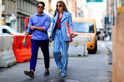 animal print, atmosphere details, black and white shoes, black shoes, blazer, blue jacket, blue pants, blue polo shirt, checked shirt, fashion week, frenchystyle, full length, FW, graphic pants, graphic shirt, horizontal, jonathan paciullo, leather shoes, NEW YORK, NYFW, plaid, printed jacket, printed pants, red shirt, SPRING SUMMER 2018, SS 18, street style, striped pants, sunglasses, tartan, trousers, zebra