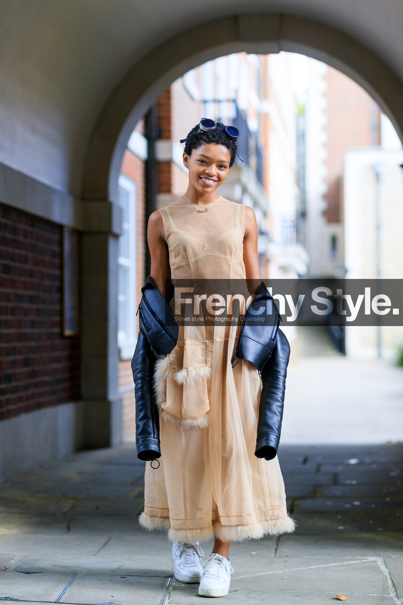 black jacket, black perfecto, blazer, fashion week, frenchystyle, full length, FW, jonathan paciullo, leather jacket, leather perfecto, leather shoes, LFW, LONDON, nude dress, off the shoulder, see through, selah marley, SPRING SUMMER 2018, SS 18, street style, vertical, white sneakers
