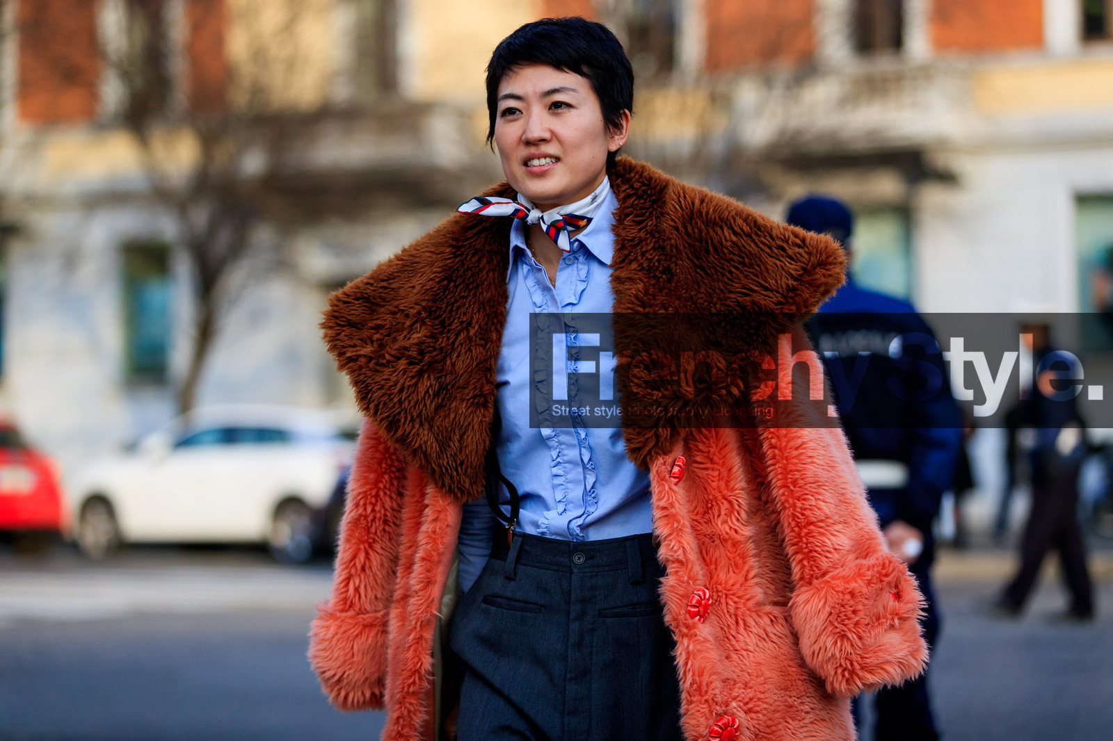 blue shirt, brown fur, fur jacket, over the shoulder, red fur, ruffles, trousers, white scarf, fashion week, frenchystyle, FW, jonathan paciullo, street style, MFW, MILAN, AUTUMN WINTER 2018-2019, FALL WINTER 2018-2019, FW 18-19, horizontal, atmosphere details