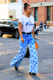 black shoes, blue pants, fashion week, frenchystyle, full length, FW, graphic pants, high heels, jonathan paciullo, leather bag, leather shoes, NEW YORK, NYFW, printed pants, printed t shirt, SPRING SUMMER 2018, SS 18, street style, trousers, vertical, white t shirt