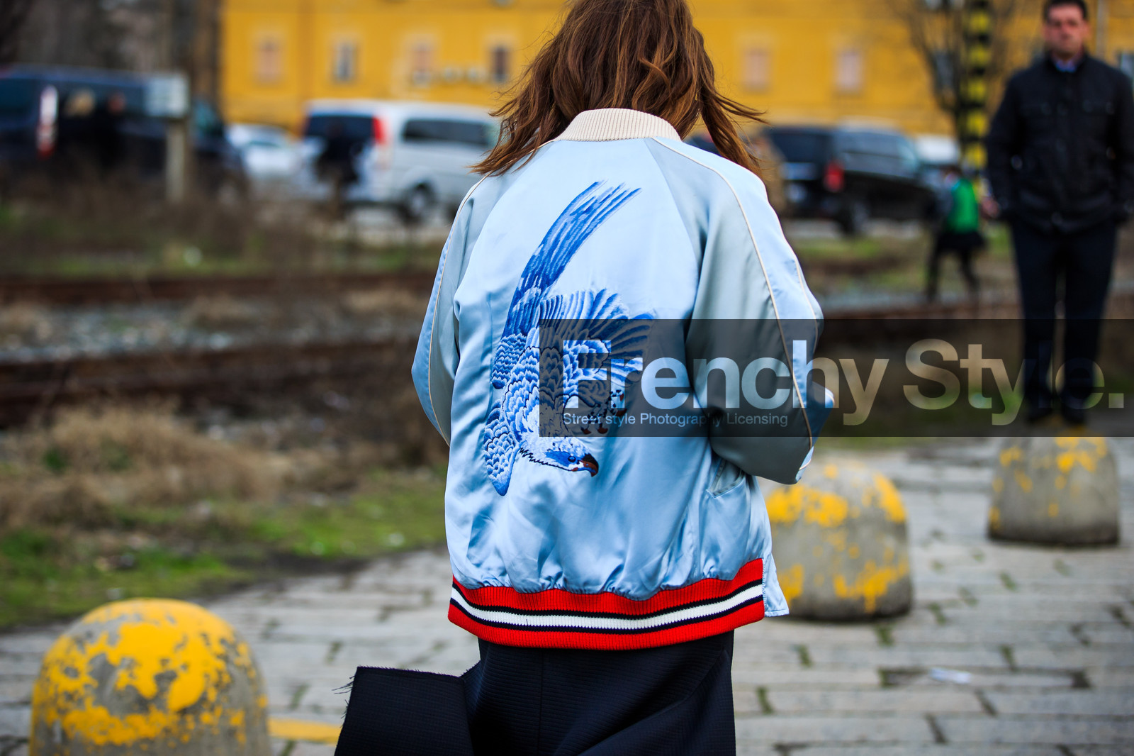 atmosphere details, AUTUMN WINTER 2016-2017, AW 16-17, back detail, blue jacket, bomber jacket, Christine Centenera, detail, embroidered jacket, embroideries, FALL WINTER 2016-2017, fashion week, frenchystyle, FW, FW 16-17, gucci, horizontal, jonathan paciullo, LFW, LONDON, MENSWEAR, satin, street style