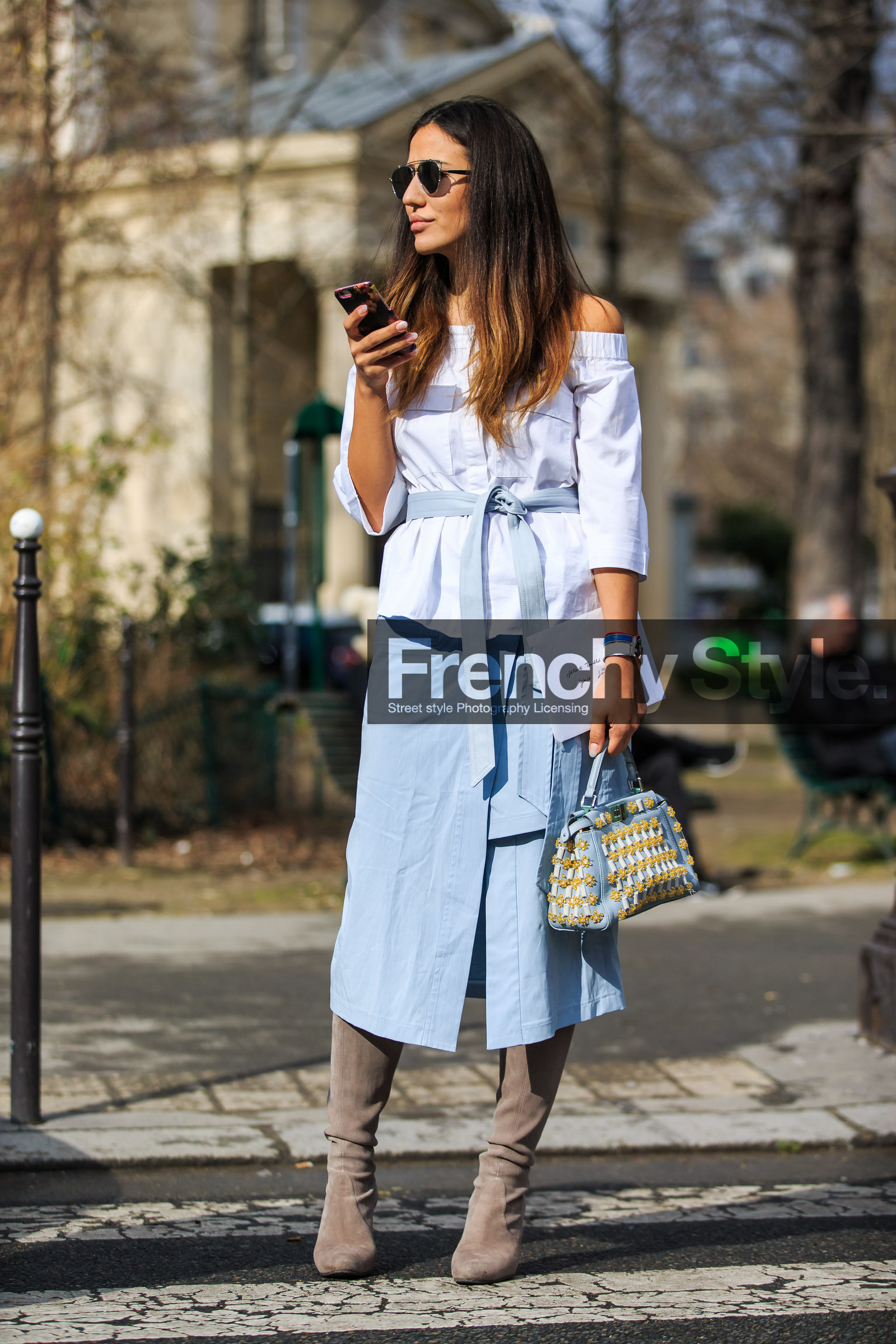 AUTUMN WINTER 2016-2017, AW 16-17, beige boots, blue belt, blue skirt, embroidered bag, FALL WINTER 2016-2017, fashion week, fendi, frenchystyle, full length, FW, FW 16-17, high boots, high heels, jonathan paciullo, leather bag, off the shoulder, PARIS, PFW, street style, suede shoes, sunglasses, tamara kalinic, vertical, white shirt