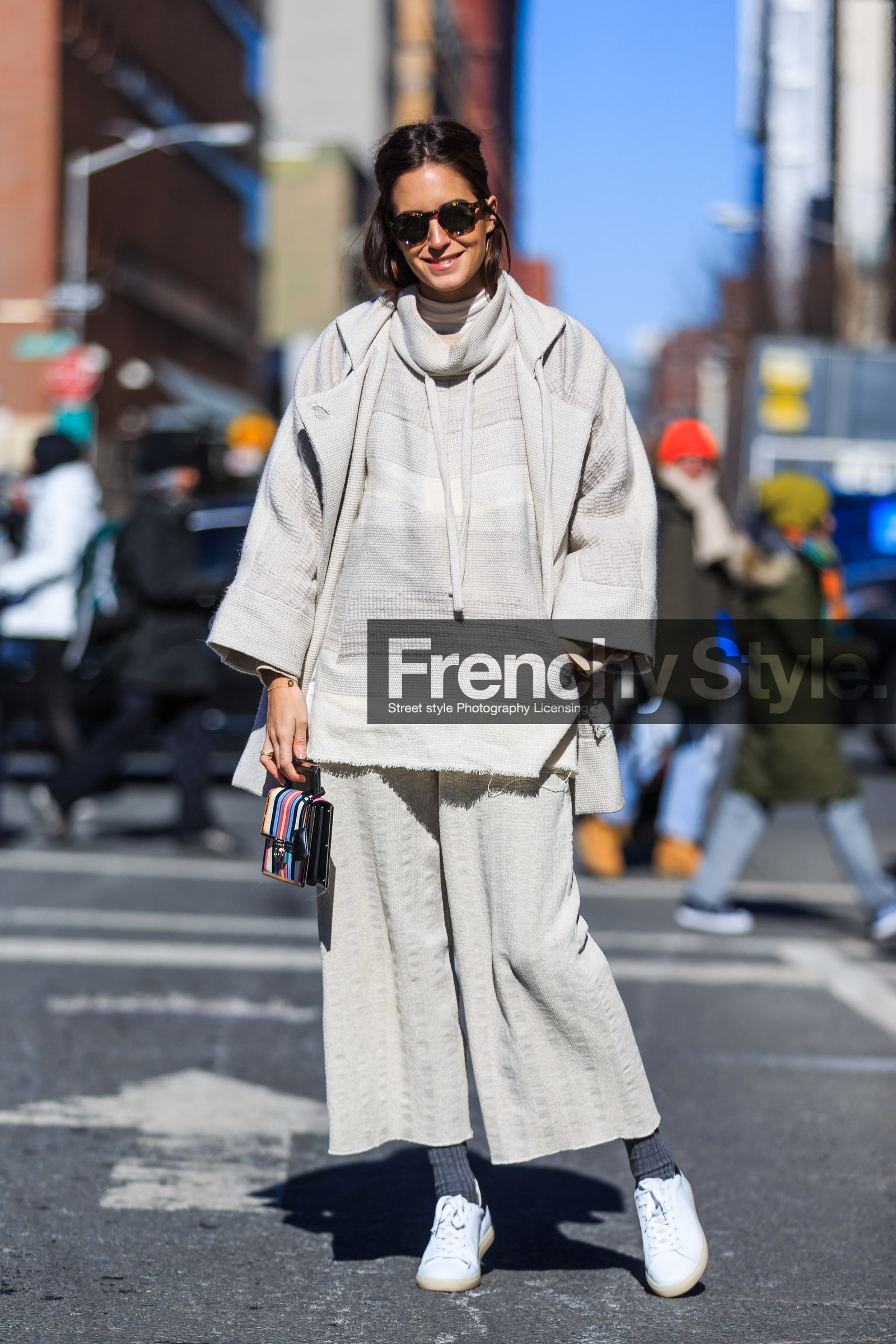 AUTUMN WINTER 2016-2017, AW 16-17, beige jacket, beige knit, beige pants, beige sweater, beige turtleneck, canvas, céline, fashion week, frenchystyle, full length, FW, FW 16-17, gala gonzalez, hoodie, jonathan paciullo, leather bag, leather sneakers, mini bag, multicolor bag, NEW YORK, NYFW, oversize, street style, striped bag, stripes, sunglasses, tone on tone, total look beige, vertical, white sneakers, wide pants, woman