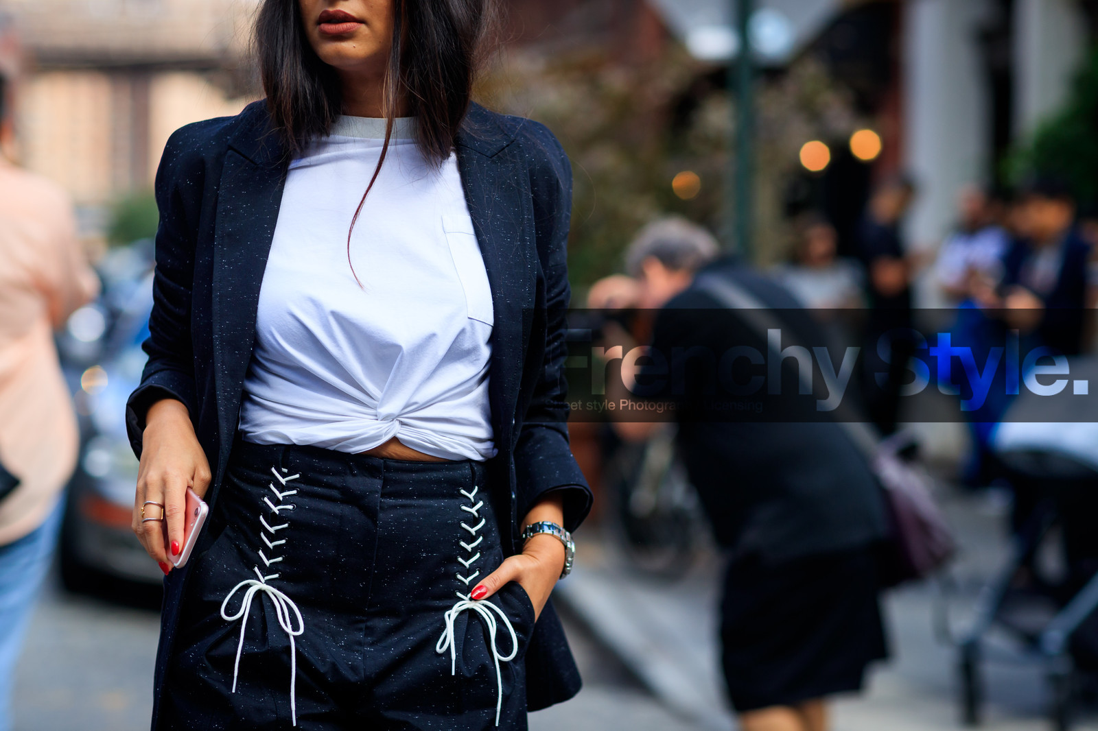 atmosphere details, black jacket, black pants, blazer, detail, fashion week, frenchystyle, FW, high waist, horizontal, jonathan paciullo, nausheen shah, NEW YORK, NYFW, SPRING SUMMER 2018, SS 18, street style, trousers, white t shirt