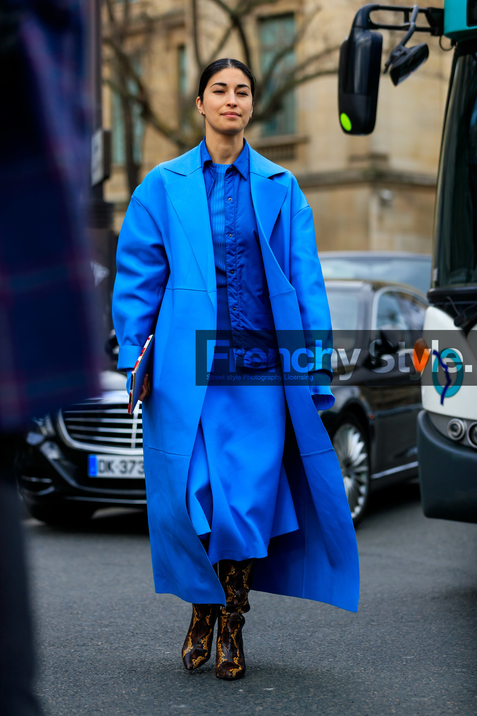 caroline issa, light blue leather jacket, light blue skirt, light blue pullover, light blue leather coat, blue shirt, turtleneck pullover, long skirt, wrap skirt, brown leather boots, animal skin boots, fashion week, frenchystyle, FW, jonathan paciullo, street style, PFW, PARIS, vertical, full length