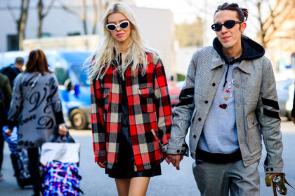 atmosphere details, AUTUMN WINTER 2017-2018, AW 17-18, black dress, checked shirt, detail, FALL WINTER 2017-2018, fashion week, frenchystyle, fun sunglasses, FW, FW 17-18, graphic jacket, graphic shirt, grey jacket, grey pants, grey sweater, high heels, hoodie, horizontal, jonathan paciullo, leather dress, leather shoes, MFW, MILAN, pins, plaid, printed jacket, printed shirt, red shirt, street style, sunglasses