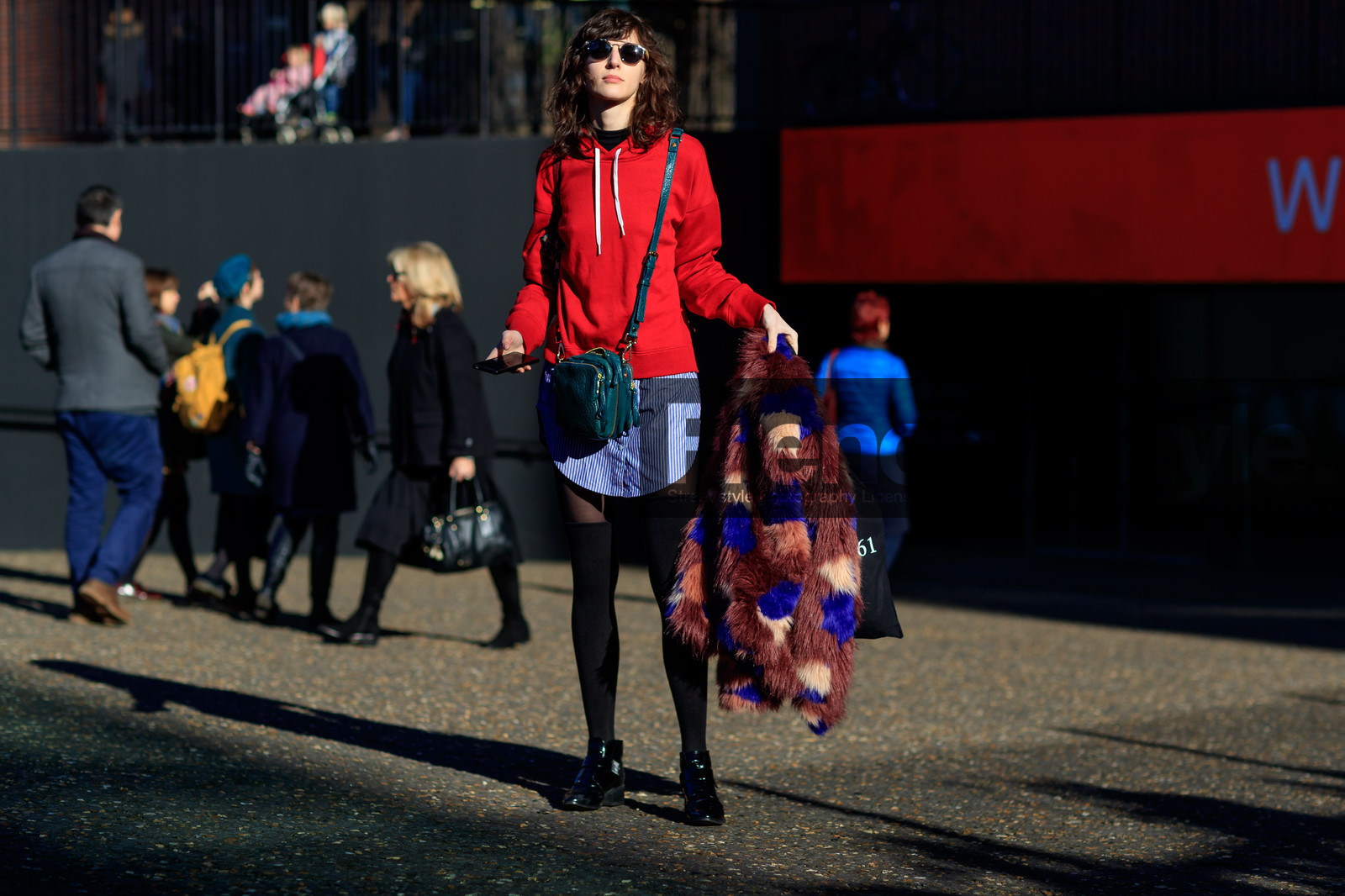 black shoes, black socks, blue shirt, bordeaux, burgundy, Fur coat, graphic jacket, green bag, hoodie, leather bag, leather shoes, printed jacket, red fur, red sweater, striped shirt, sunglasses, tights, street style, jonathan paciullo, FW, frenchystyle, fashion week, LFW, LONDON, AUTUMN WINTER 2018-2019, AW 18-19, FALL WINTER 2018-2019, FW 18-19, horizontal, atmosphere details, full length, model