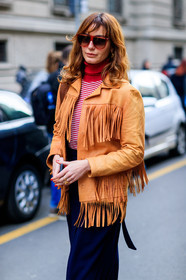 AUTUMN WINTER 2017-2018, AW 17-18, beige jacket, detail, ece sukan, FALL WINTER 2017-2018, fashion week, frenchystyle, fringes, FW, FW 17-18, graphic sweater, jonathan paciullo, leather jacket, MFW, MILAN, navy skirt, printed sweater, red sweater, street style, striped sweater, sunglasses, vertical