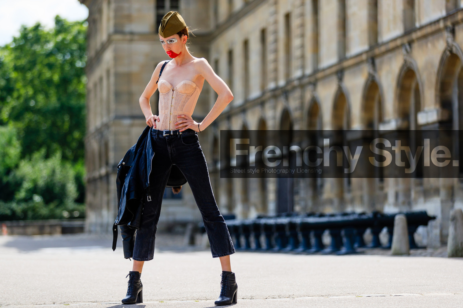 atmosphere details, AUTUMN WINTER 2016-2017, AW 16-17, black boots, black denim, black jacket, brown cap, brown hat, bustier top, denim pants, eyeshadow, face painting, FALL WINTER 2016-2017, fashion week, frenchystyle, full length, FW, FW 16-17, HAUTE COUTURE, high heels, horizontal, jeans, jonathan paciullo, leather boots, MENSWEAR, military, model, PARIS, PFW, red lips, stains, street style, teddy quinlivan, trousers