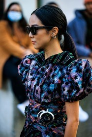 black sunglasses, multicolor dress, multiprint dress, star dress, purple dress, plaid dress, pleated dress, puffed sleeves dress, black boots, silver earrings, yoyo cao, street style, jonathan paciullo, FW, frenchystyle, fashion week, AUTUMN WINTER 2022-2023, FALL WINTER 2022_2023, FW 22-23, PARIS, PFW, vertical, detail