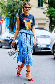 beige bag, black t shirt, blue skirt, embroidered skirt, fashion week, frenchystyle, full length, FW, glitter, high heels, jonathan paciullo, leather bag, leather shoes, MFW, MILAN, printed bag, printed t shirt, red shoes, sequined skirt, shiny skirt, SPRING SUMMER 2017, SS 17, street style, sunglasses, thassia naves, vertical