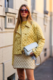 quilted jacket, quilted skirt, light yellow jacket, beige skirt, satin jacket, satin skirt, fendi bag, fendi boots, fendi jacket, fendi look, fendi skirt, white leather bag, monogrammed bag, round shape sunglasses, scale sunglasses, fashion week, frenchystyle, FW, jonathan paciullo, street style, MFW, MILAN, SPRING SUMMER 2021, SS 21, vertical, detail