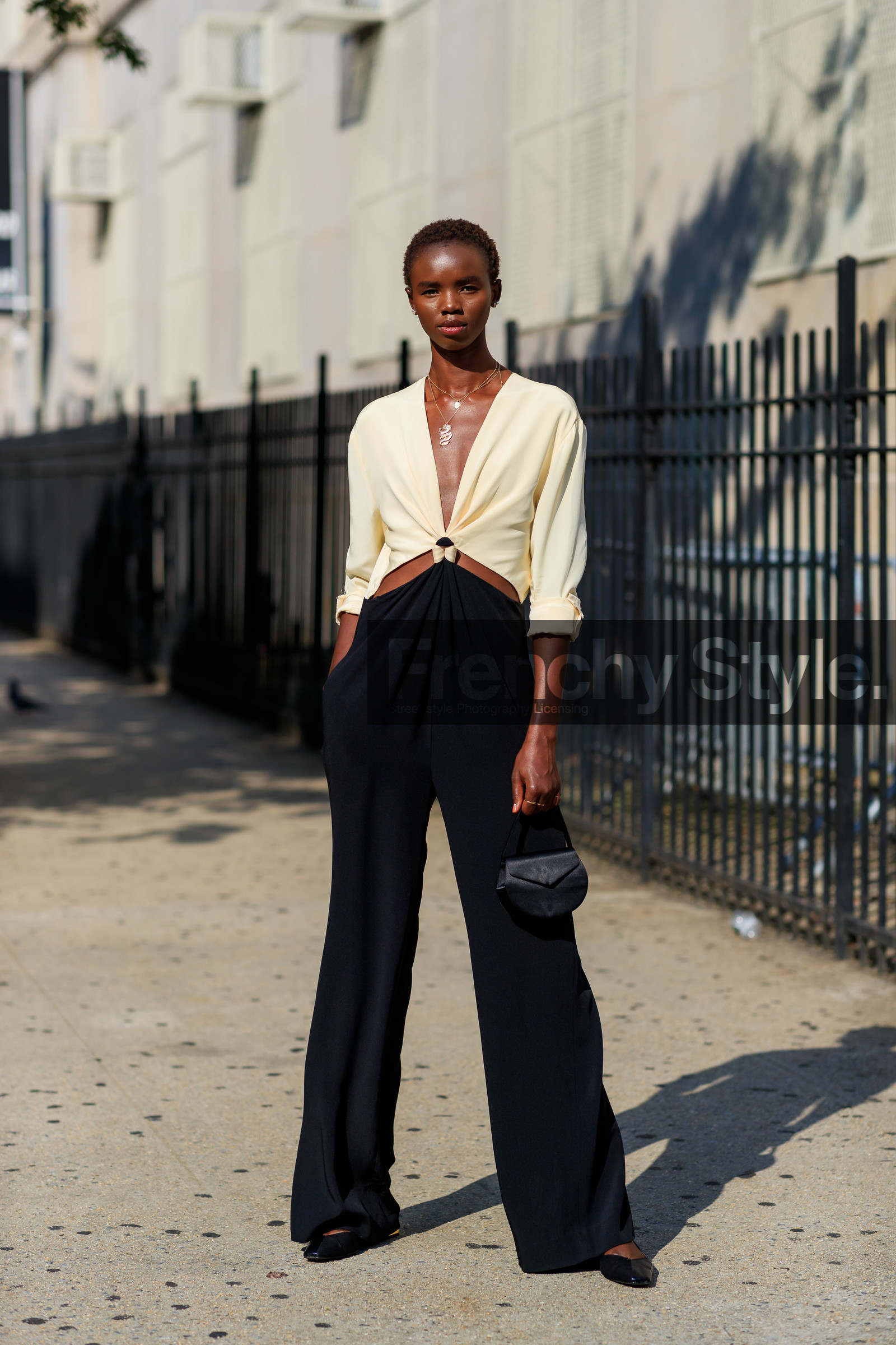 beige top, black bag, black pants, black shoes, jumpsuit, leather bag, leather shoes, mini bag, model, necklace, trousers, street style, jonathan paciullo, FW, frenchystyle, fashion week, NEW YORK, NYFW, SPRING SUMMER 2020, SS 20, vertical, full length