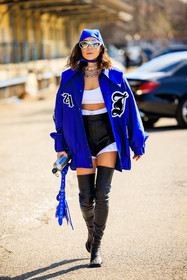 blue hood, silver sunglasses, blue jacket, logo jacket, white black, black short, leather short, white boxers, higknee boots, blue handbag, silver choker, karina nigay, fashion week, frenchystyle, FW, jonathan paciullo, street style, vertical, full length