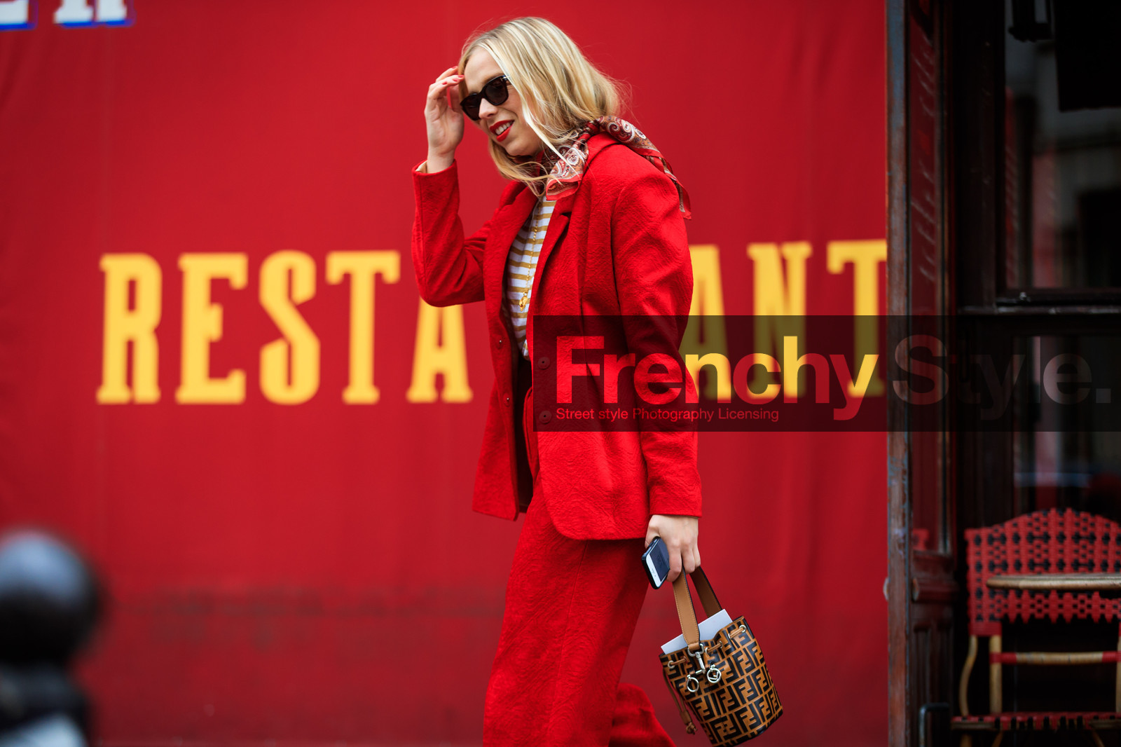 blazer, brown bag, fendi, graphic bag, graphic top, leather bag, monogram, printed bag, printed t shirt, red jacket, red lips, red pants, red scarf, red suit, striped t shirt, sunglasses, trousers, white t shirt, street style, jonathan paciullo, FW, frenchystyle, fashion week, PFW, PARIS, AUTUMN WINTER 2018-2019, FALL WINTER 2018-2019, FW 18-19, horizontal, atmosphere details, chloe king