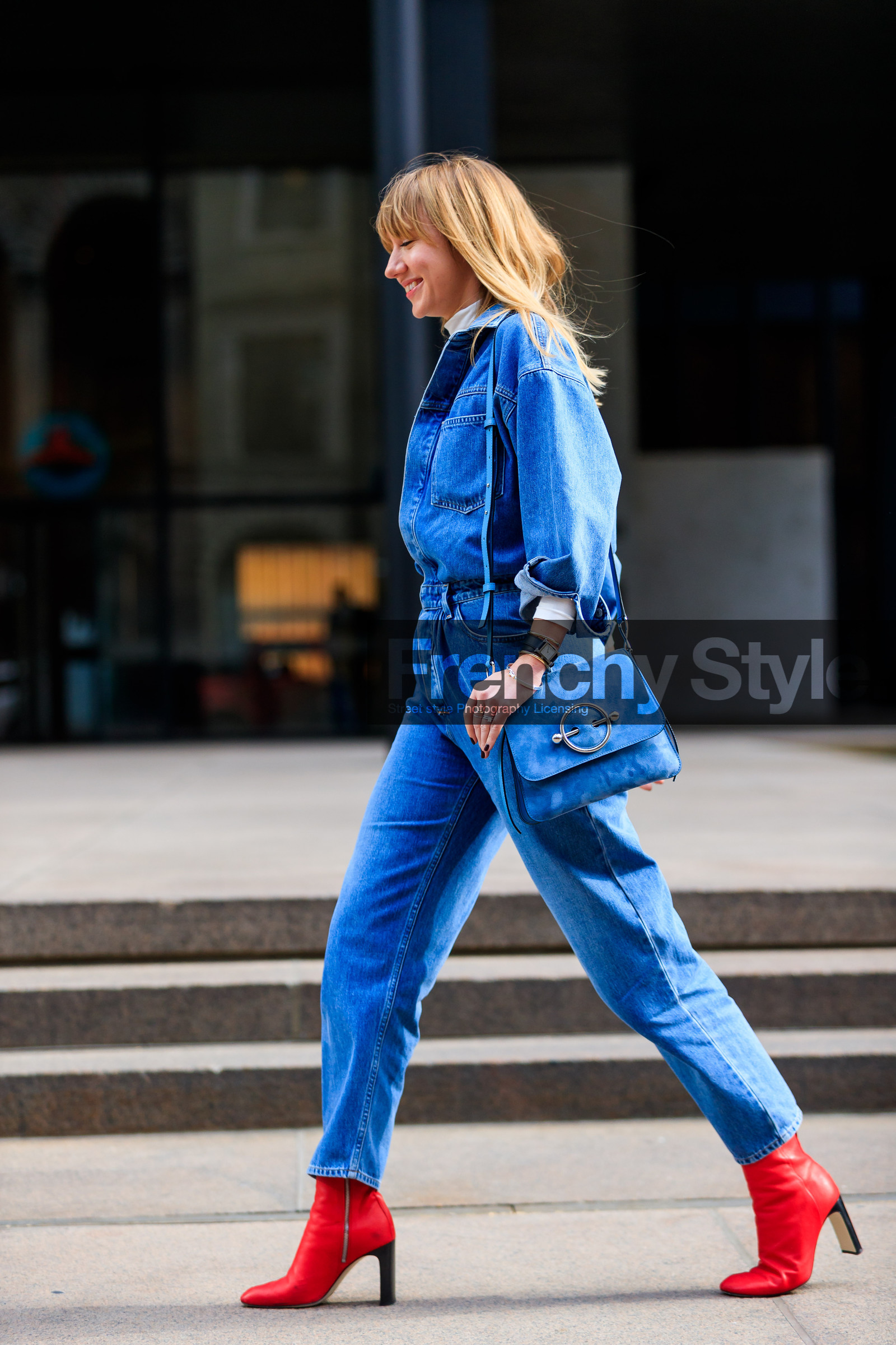blue bag, blue denim, bracelet, denim jumpsuit, denim pants, high heels, jeans, leather bag, leather shoes, red boots, rings, suede bag, trousers, watch, street style, jonathan paciullo, FW, frenchystyle, fashion week, NYFW, NEW YORK, AUTUMN WINTER 2018-2019, AW 18-19, FALL WINTER 2018-2019, FW 18-19, vertical, full length, lisa aiken