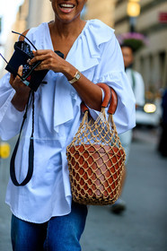 atmosphere details, blue denim, brown bag, camera, denim pants, detail, fashion week, frenchystyle, FW, jeans, jonathan paciullo, leather bag, net shopper, NEW YORK, NYFW, SPRING SUMMER 2018, SS 18, street style, tamu mcpherson, trousers, vertical, white shirt