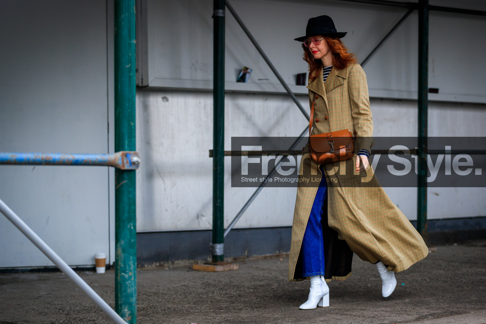 beige coat, black hat, brown bag, checked, high heels, leather bag, leather shoes, plaid, printed coat, stripes, sunglasses, tartan, white shoes, street style, jonathan paciullo, FW, frenchystyle, fashion week, NYFW, NEW YORK, AUTUMN WINTER 2018-2019, AW 18-19, FALL WINTER 2018-2019, FW 18-19, atmosphere details, horizontal, full length, christene barberich