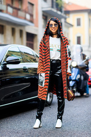 AUTUMN WINTER 2017-2018, AW 17-18, black pants, dries van noten, FALL WINTER 2017-2018, fashion week, frenchystyle, full length, FW, FW 17-18, geometric, graphic coat, gucci, high heels, hood, jonathan paciullo, leather bag, leather pants, leather shoes, MFW, MILAN, orange coat, printed coat, printed t shirt, red bag, stir pants, street style, sunglasses, trousers, varnished leather, vertical, vinyl, white boots, white t shirt