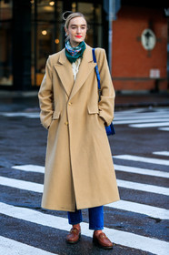 hannah baxter, beige coat, green scarf, silk scarf, white shirt, piercing, red lipstick, navy blue leather bag, chanel bag, quilted bag, gucci shoes, camel leather shoes, camel leather loafers, orange socks, floral printed socks, blue jeans, fashion week, frenchystyle, FW, jonathan paciullo, street style, AUTUMN WINTER 2020-2021, FALL WINTER 2020-2021, FW 20-21, vertical, full length, NYFW, NEW YORK