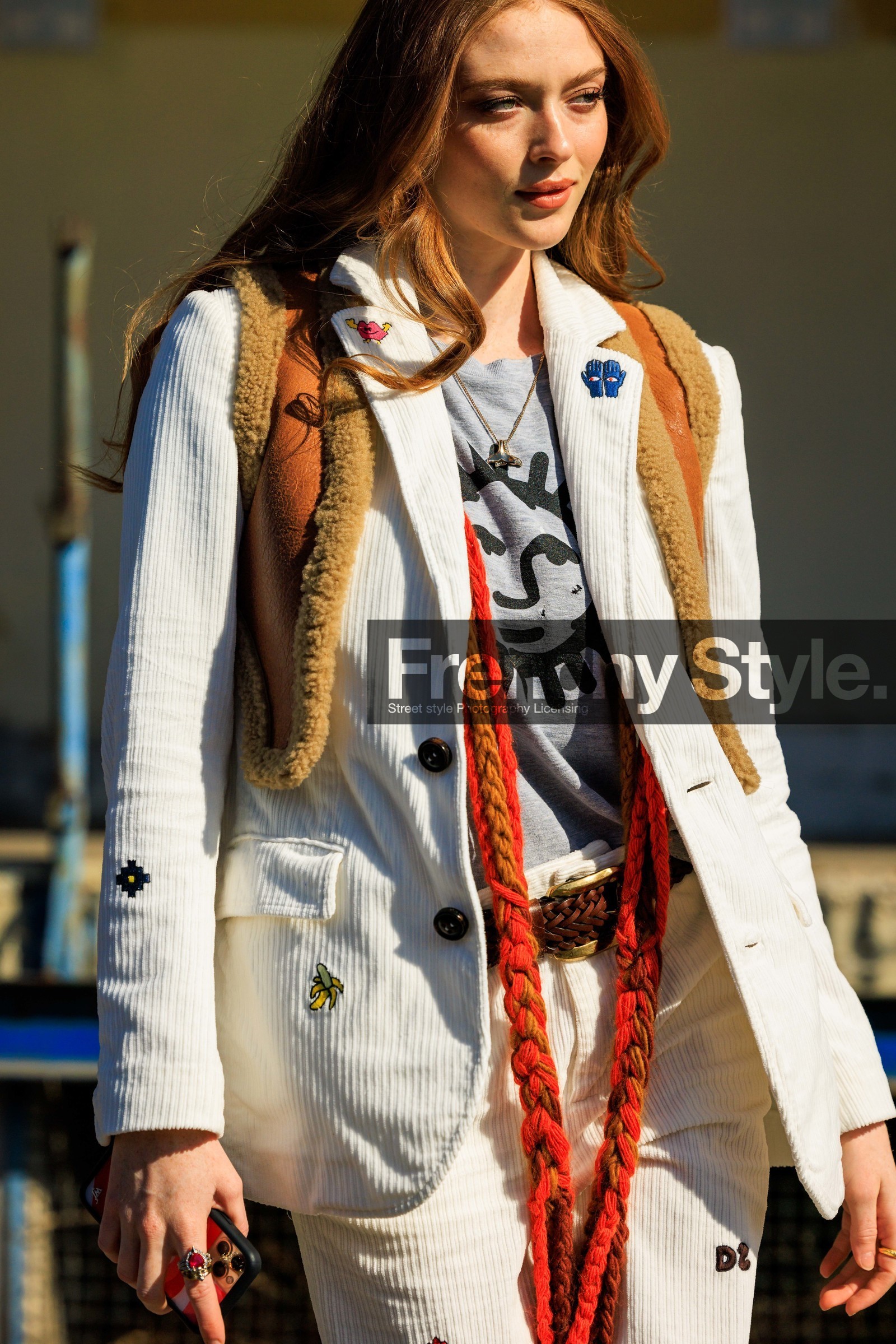 corduroy suit, ginger hair, white suit, leather cropped vest, brown vest, red braided scarf, printed tshirt, grey tshirt, brown belt, leather belt, larsen thompson, fashion week, frenchystyle, FW, jonathan paciullo, street style, vertical, atmosphere details, detail