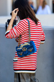 blue bag, embroidered bag, fashion week, floral, flowers, frenchystyle, full length, FW, graphic bag, graphic pants, graphic sweater, gucci, jonathan paciullo, leather bag, MFW, MILAN, printed bag, printed pants, red sweater, SPRING SUMMER 2018, SS 18, street style, striped sweater, trousers, velvet, vertical