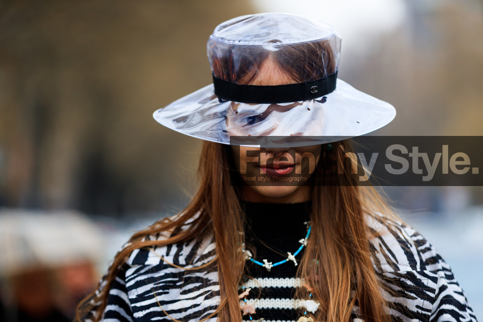 animal print, black and white, chanel, graphic jacket, graphic sweater, necklace, printed jacket, printed sweater, striped sweater, transparent hat, zebra, fashion week, frenchystyle, FW, jonathan paciullo, street style, MFW, MILAN, AUTUMN WINTER 2018-2019, FALL WINTER 2018-2019, FW 18-19, horizontal, atmosphere details, carlotta oddi
