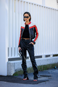 short leather jacket, dual toned jacket, biker jacket, black trousers, black leather pants, black pants, flared pants, red sandals, black top, mini diesel bag, silver diesel bag, alexandra guerain, fashion week, frenchystyle, FW, jonathan paciullo, street style, MFW, MILAN, FALL WINTER 2022_2023, AUTUMN WINTER 2022-2023, FW 22-23, vertical, full length