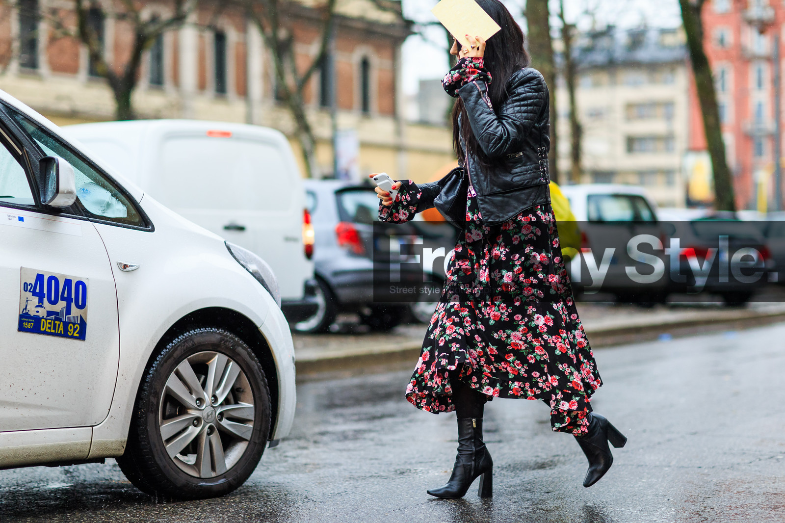atmosphere details, AUTUMN WINTER 2016-2017, AW 16-17, black boots, black dress, black jacket, black perfecto, FALL WINTER 2016-2017, fashion week, floral, flower, frenchystyle, full length, FW, FW 16-17, high heels, horizontal, jonathan paciullo, leather boots, leather jacket, leather perfecto, LFW, LONDON, MENSWEAR, printed dress, street style